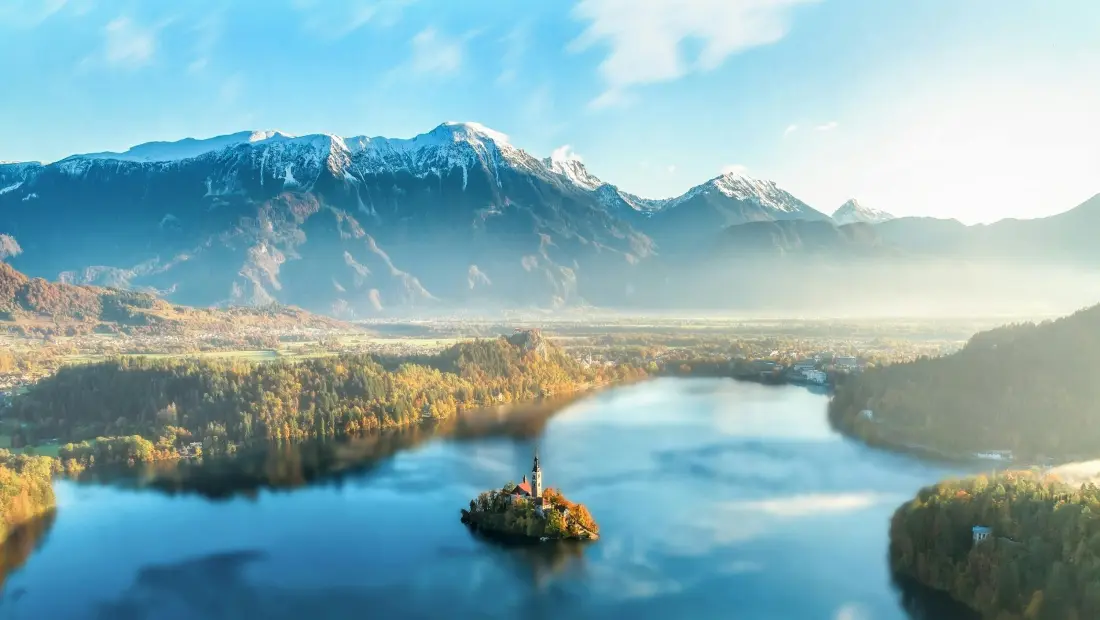 A mountain lake at sunrise, seen from above