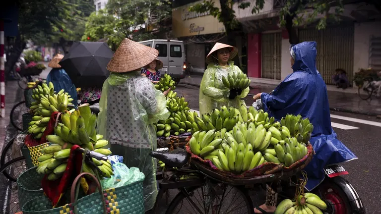 A bustling Vietnamese street food market with vendors preparing fresh meals