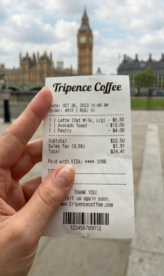 A Tripence receipt held up in front of Big Ben