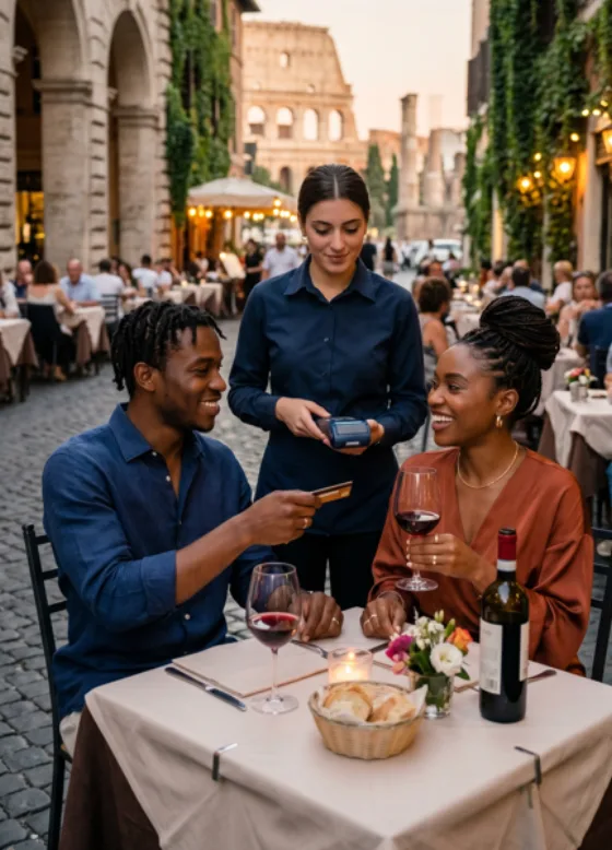 Friends paying for dinner at an outdoor restaurant