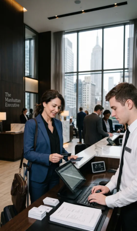 A traveller checking in at a hotel desk