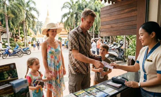 A family buying tickets at a market stall
