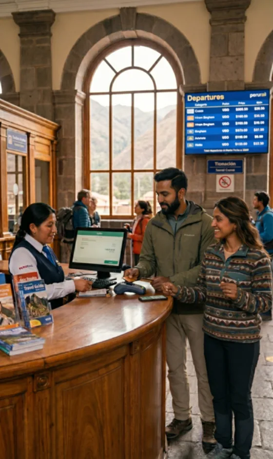 Travellers at an airport ticket counter