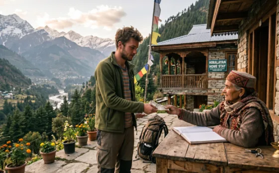 A traveller paying a host at a mountain lodge